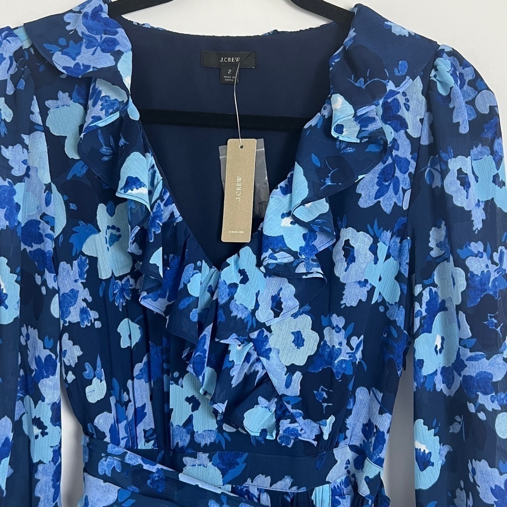 NEW J.Crew‎ Size 2 Watercolors Begonia Blue Floral Faux Wrap Midi Dress - Picture 7 of 16